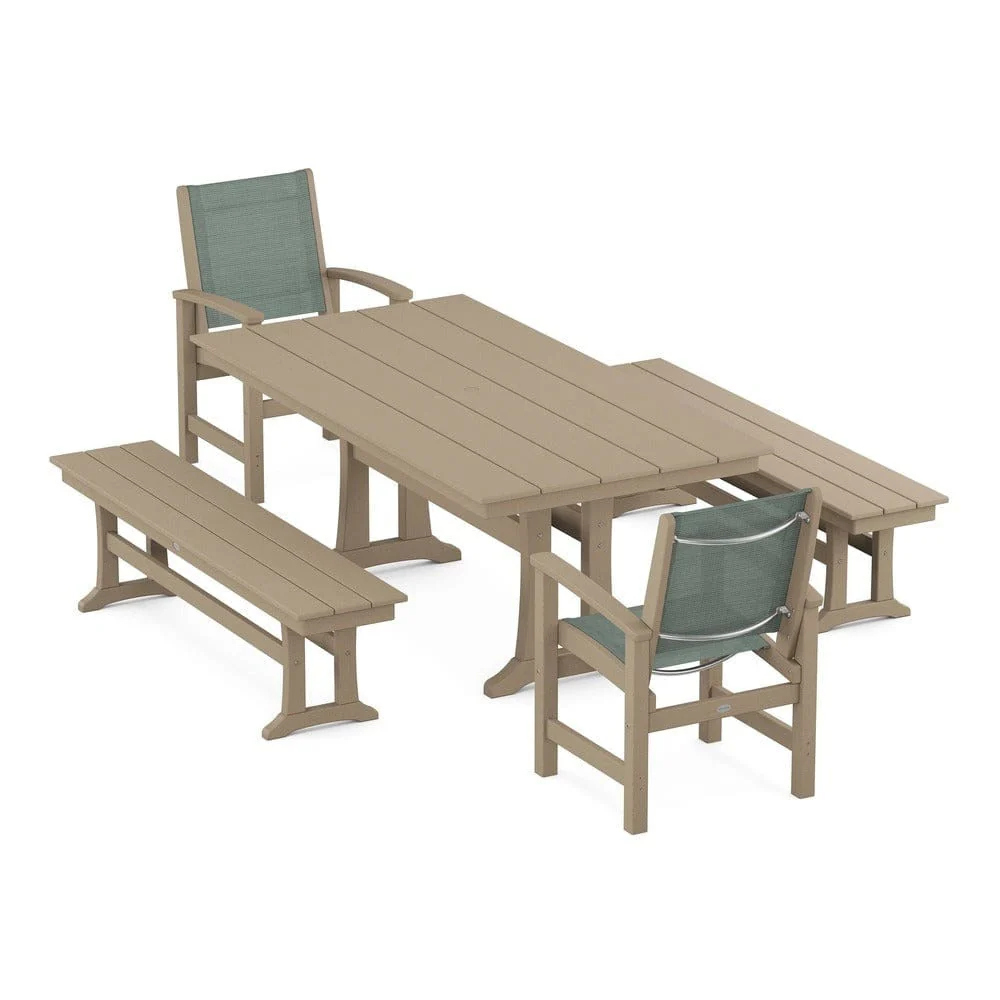 POLYWOOD® - Coastal 5-Piece Farmhouse Dining Set with Trestle Legs and Benches - PWS1000 - Image 65