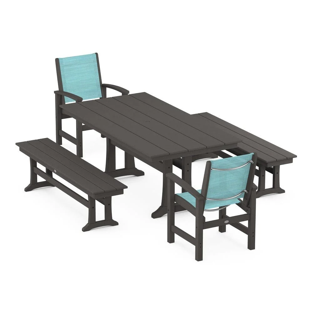 POLYWOOD® - Coastal 5-Piece Farmhouse Dining Set with Trestle Legs and Benches - PWS1000 - Image 69