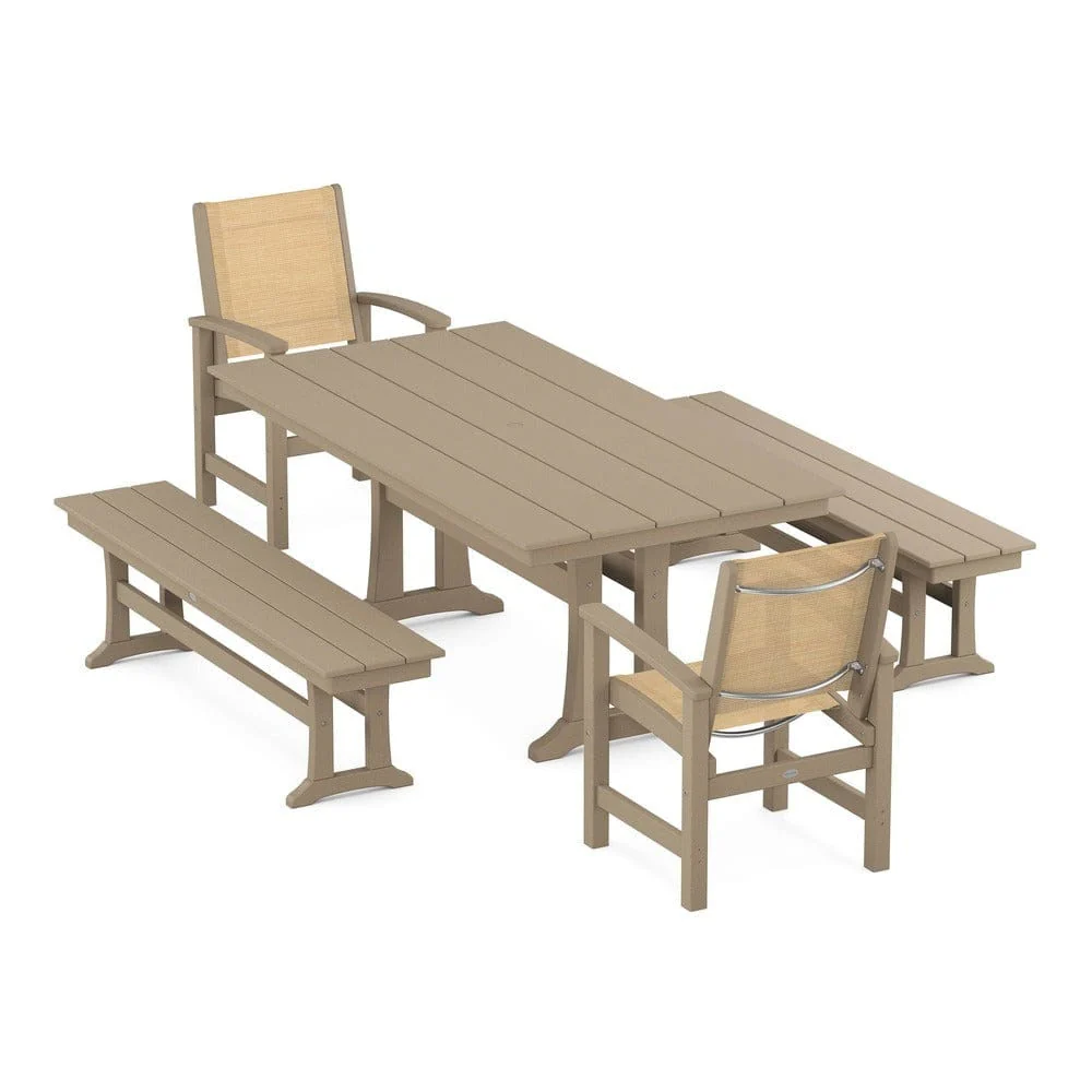 POLYWOOD® - Coastal 5-Piece Farmhouse Dining Set with Trestle Legs and Benches - PWS1000 - Image 72