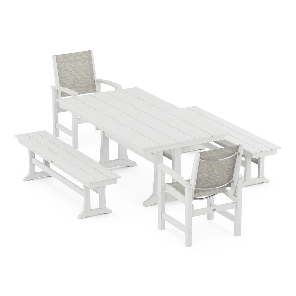 POLYWOOD® - Coastal 5-Piece Farmhouse Dining Set with Trestle Legs and Benches - PWS1000 - Image 73
