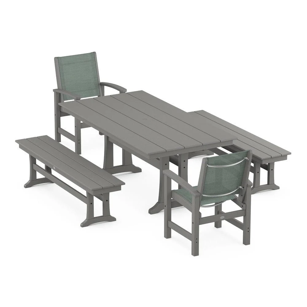 POLYWOOD® - Coastal 5-Piece Farmhouse Dining Set with Trestle Legs and Benches - PWS1000 - Image 74