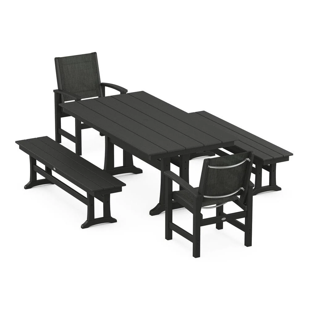 POLYWOOD® - Coastal 5-Piece Farmhouse Dining Set with Trestle Legs and Benches - PWS1000 - Image 76