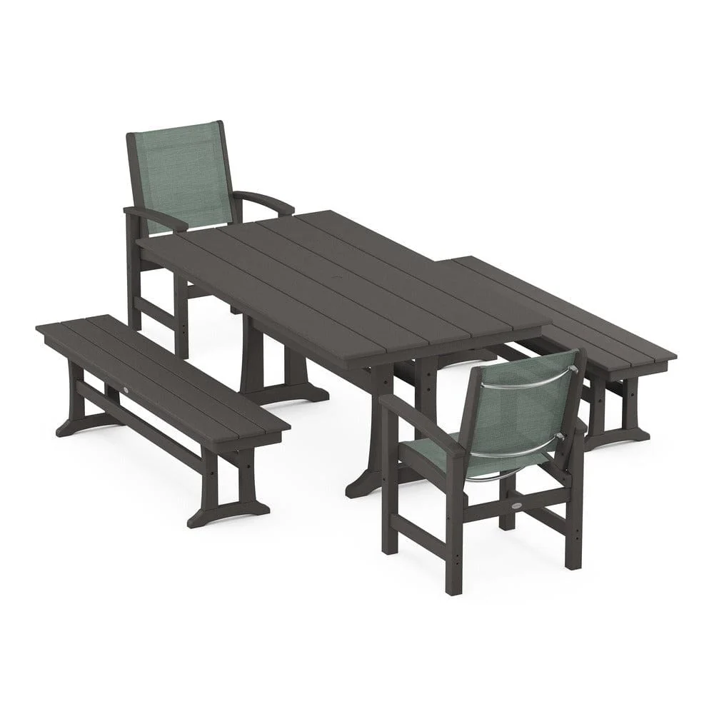 POLYWOOD® - Coastal 5-Piece Farmhouse Dining Set with Trestle Legs and Benches - PWS1000 - Image 77
