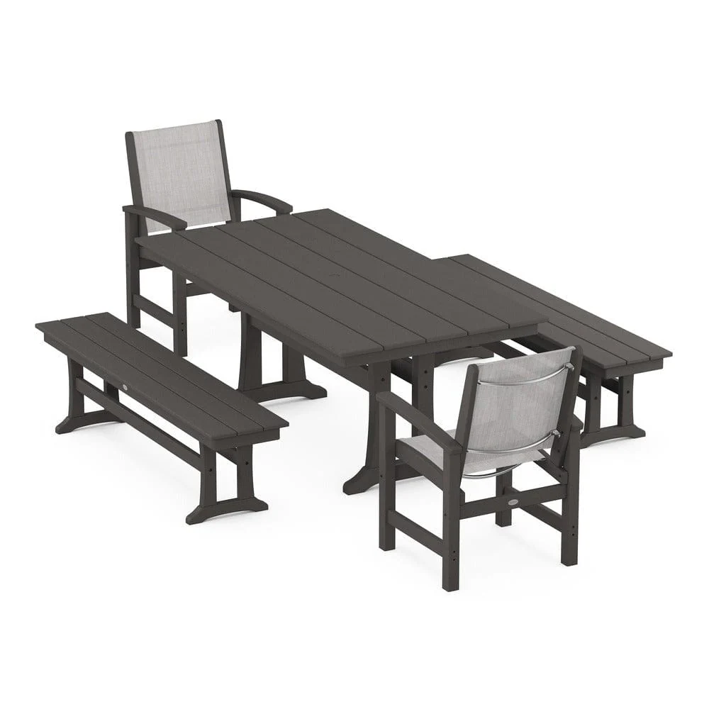 POLYWOOD® - Coastal 5-Piece Farmhouse Dining Set with Trestle Legs and Benches - PWS1000 - Image 85