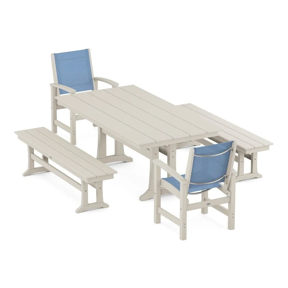 POLYWOOD® - Coastal 5-Piece Farmhouse Dining Set with Trestle Legs and Benches - PWS1000 - Image 87