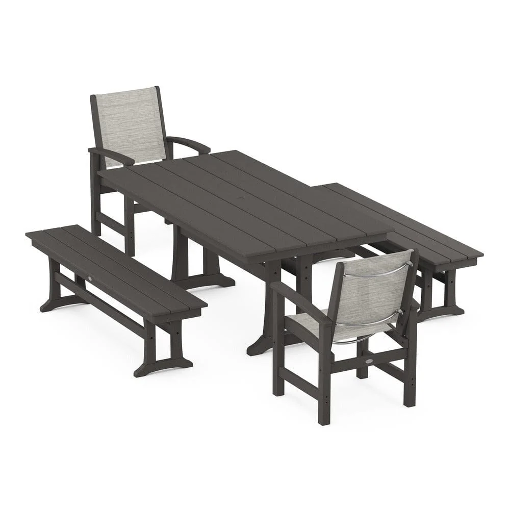 POLYWOOD® - Coastal 5-Piece Farmhouse Dining Set with Trestle Legs and Benches - PWS1000 - Image 88