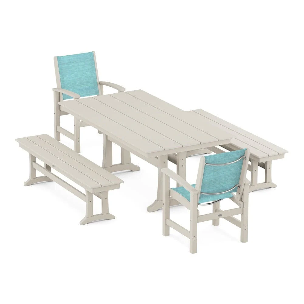 POLYWOOD® - Coastal 5-Piece Farmhouse Dining Set with Trestle Legs and Benches - PWS1000 - Image 91