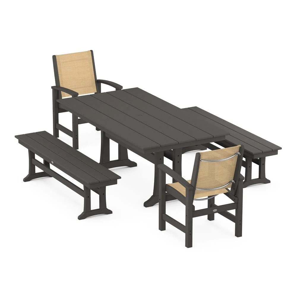 POLYWOOD® - Coastal 5-Piece Farmhouse Dining Set with Trestle Legs and Benches - PWS1000 - Image 92