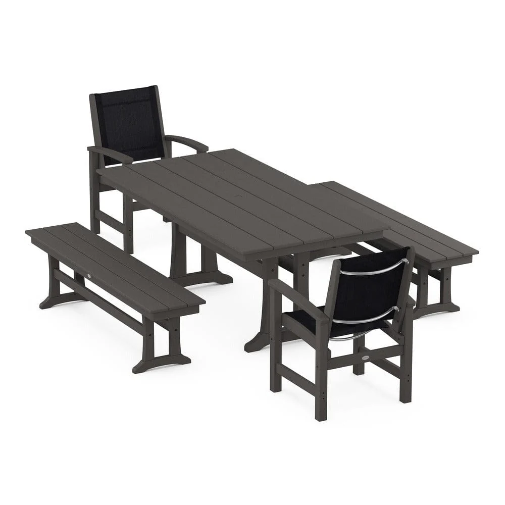 POLYWOOD® - Coastal 5-Piece Farmhouse Dining Set with Trestle Legs and Benches - PWS1000 - Image 94