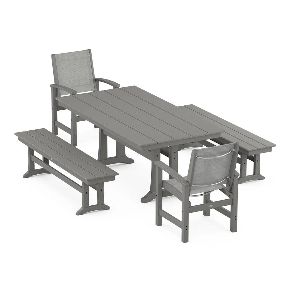 POLYWOOD® - Coastal 5-Piece Farmhouse Dining Set with Trestle Legs and Benches - PWS1000 - Image 95