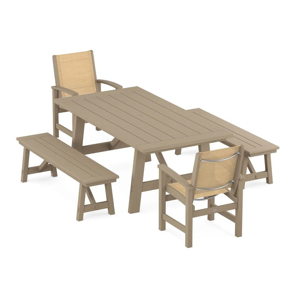 POLYWOOD® - Coastal 5-Piece Rustic Farmhouse Dining Set With Benches - PWS1077 - Image 112