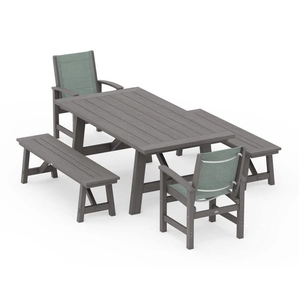 POLYWOOD® - Coastal 5-Piece Rustic Farmhouse Dining Set With Benches - PWS1077 - Image 124