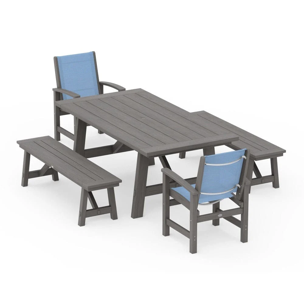 POLYWOOD® - Coastal 5-Piece Rustic Farmhouse Dining Set With Benches - PWS1077 - Image 132