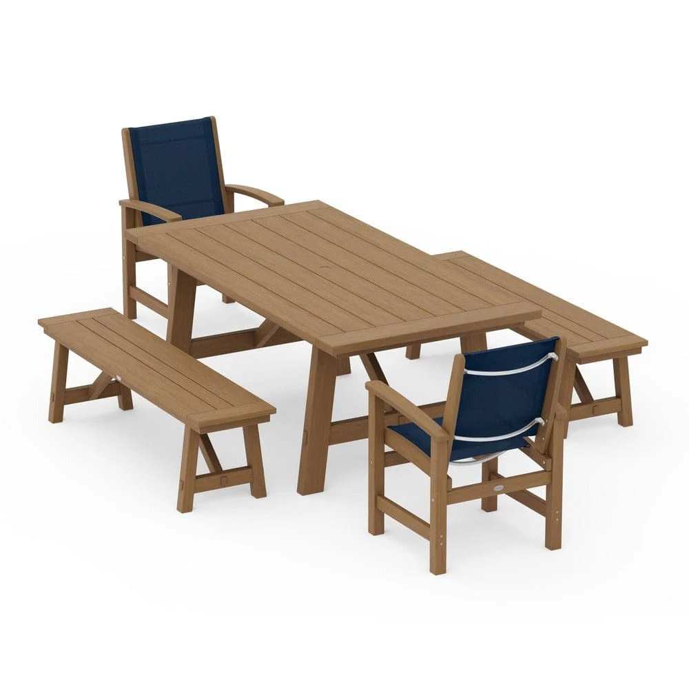POLYWOOD® - Coastal 5-Piece Rustic Farmhouse Dining Set With Benches - PWS1077 - Image 136