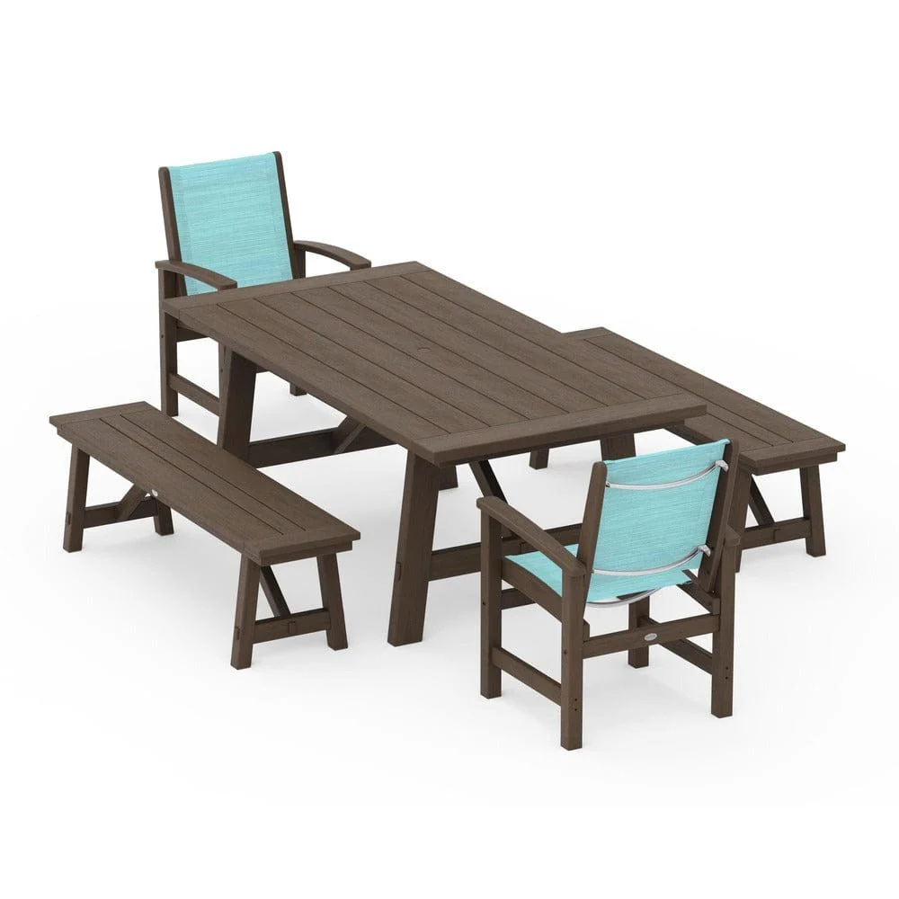 POLYWOOD® - Coastal 5-Piece Rustic Farmhouse Dining Set With Benches - PWS1077 - Image 137