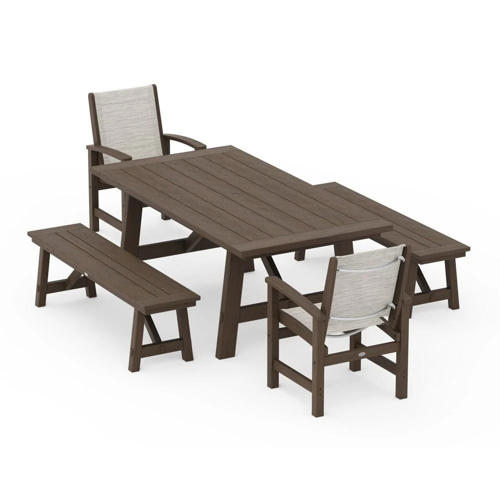 POLYWOOD® - Coastal 5-Piece Rustic Farmhouse Dining Set With Benches - PWS1077 - Image 144