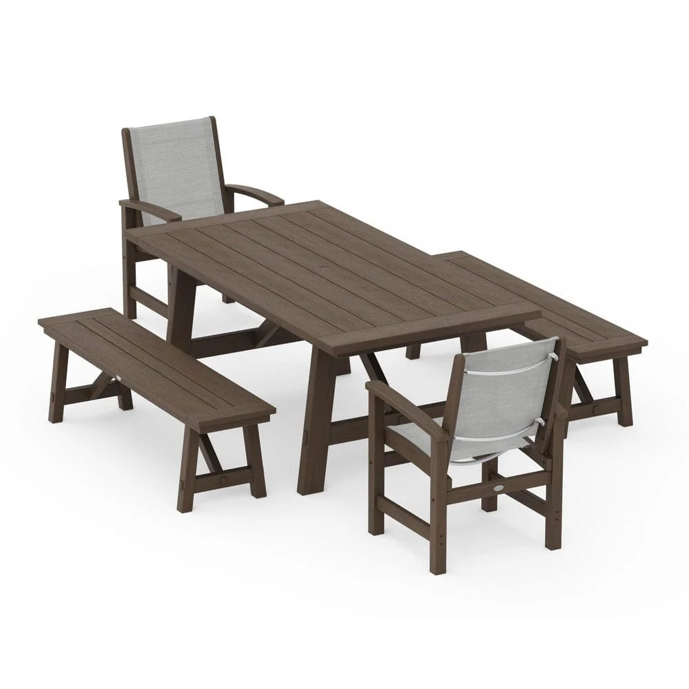 POLYWOOD® - Coastal 5-Piece Rustic Farmhouse Dining Set With Benches - PWS1077 - Image 155