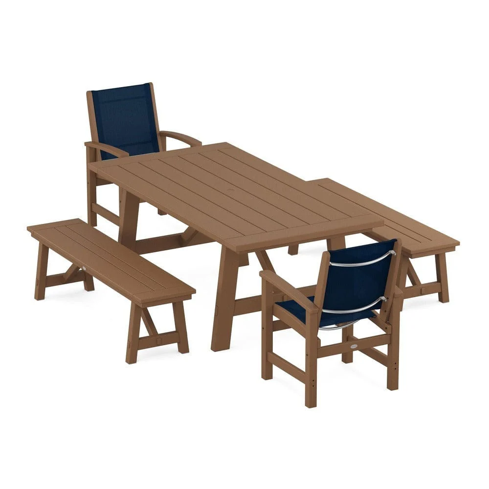 POLYWOOD® - Coastal 5-Piece Rustic Farmhouse Dining Set With Benches - PWS1077 - Image 4