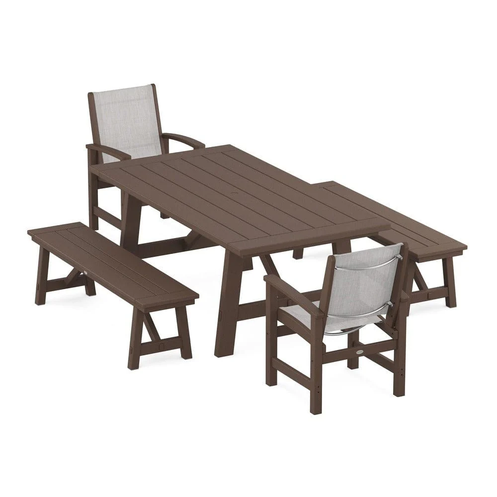 POLYWOOD® - Coastal 5-Piece Rustic Farmhouse Dining Set With Benches - PWS1077 - Image 5