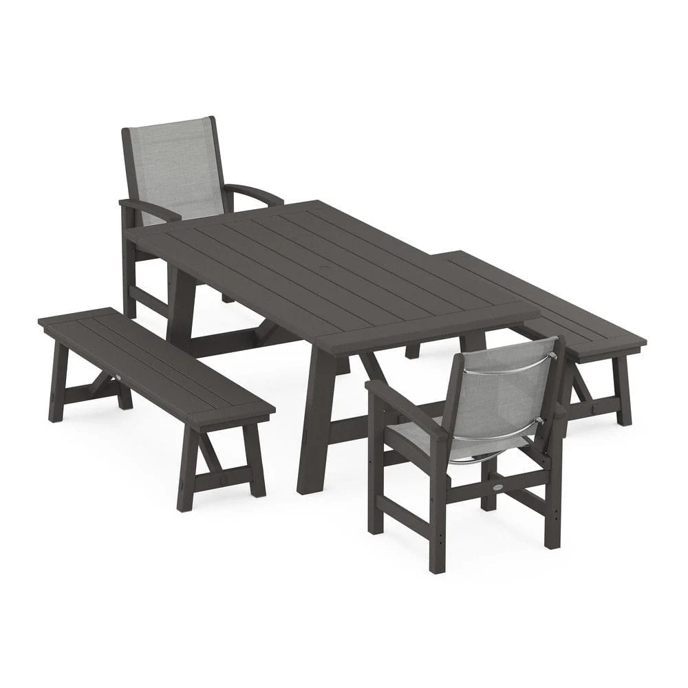 POLYWOOD® - Coastal 5-Piece Rustic Farmhouse Dining Set With Benches - PWS1077 - Image 63