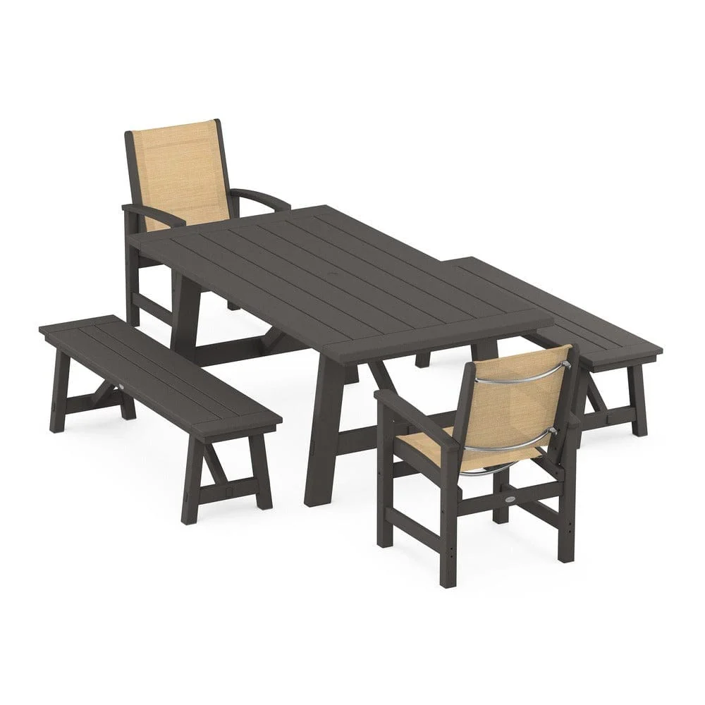 POLYWOOD® - Coastal 5-Piece Rustic Farmhouse Dining Set With Benches - PWS1077 - Image 85