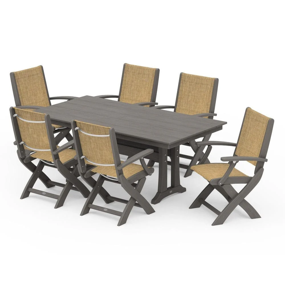 POLYWOOD® - Coastal Folding Arm Chair 7-Piece Farmhouse Dining Set with Trestle Legs - PWS292 - Image 128