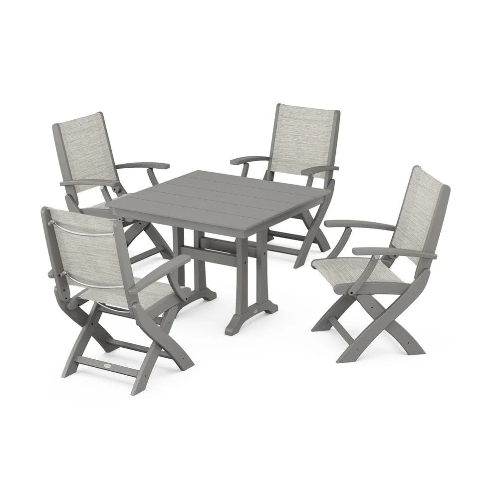 POLYWOOD® - Coastal Folding Chair 5-Piece Farmhouse Dining Set With Trestle Legs - PWS945