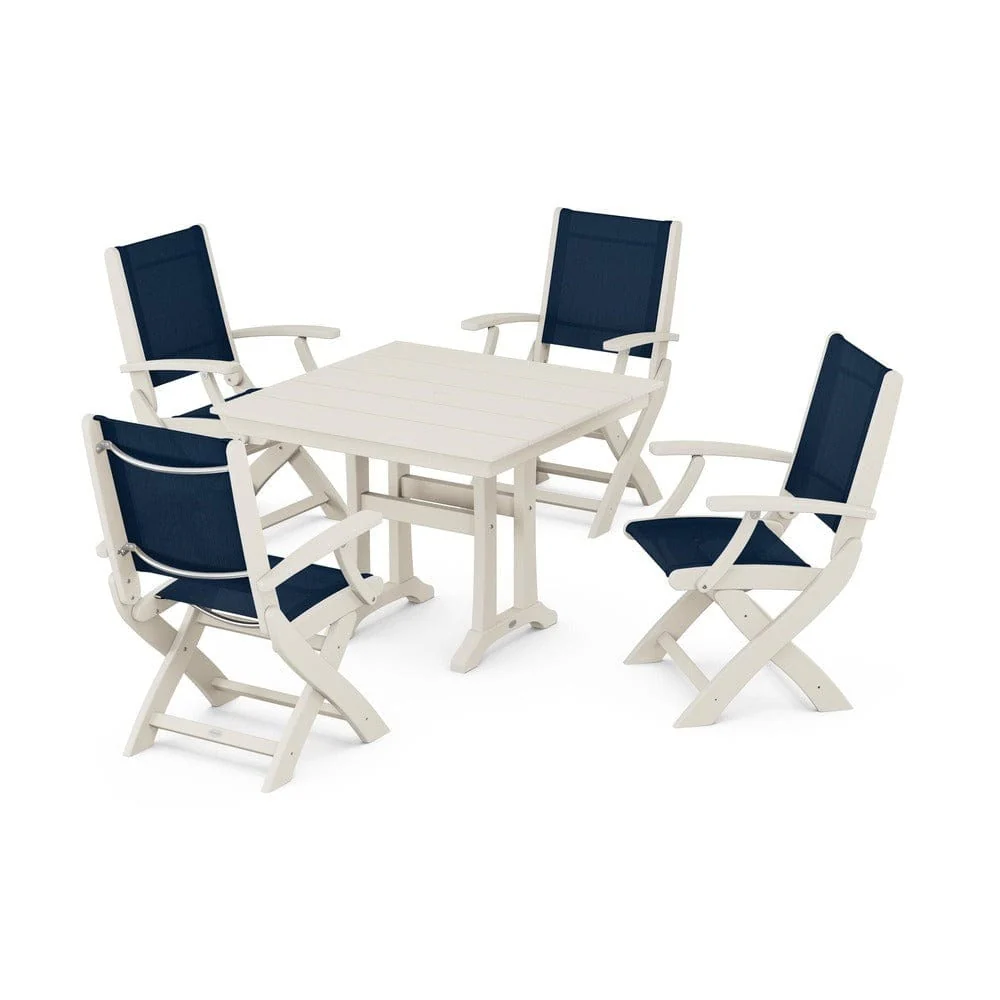 POLYWOOD® - Coastal Folding Chair 5-Piece Farmhouse Dining Set With Trestle Legs - PWS945 - Image 104
