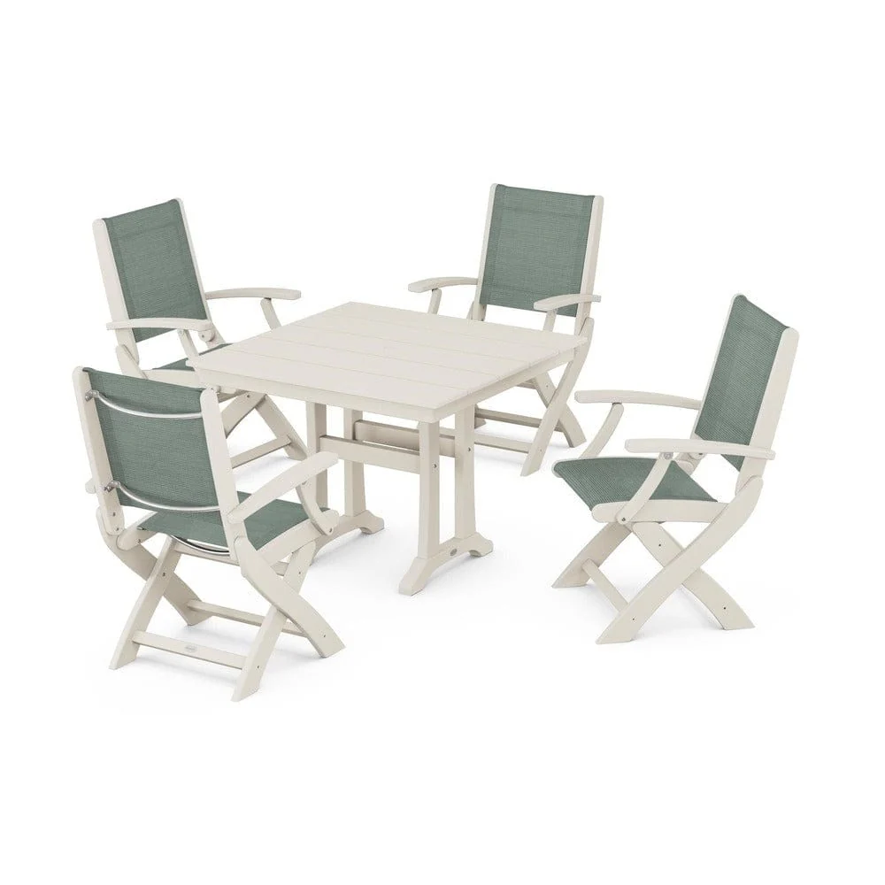 POLYWOOD® - Coastal Folding Chair 5-Piece Farmhouse Dining Set With Trestle Legs - PWS945 - Image 105