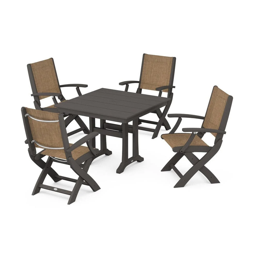 POLYWOOD® - Coastal Folding Chair 5-Piece Farmhouse Dining Set With Trestle Legs - PWS945 - Image 117