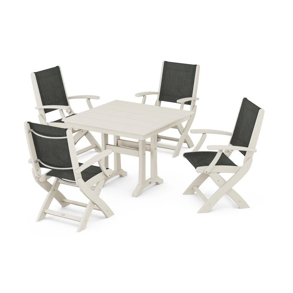 POLYWOOD® - Coastal Folding Chair 5-Piece Farmhouse Dining Set With Trestle Legs - PWS945 - Image 46