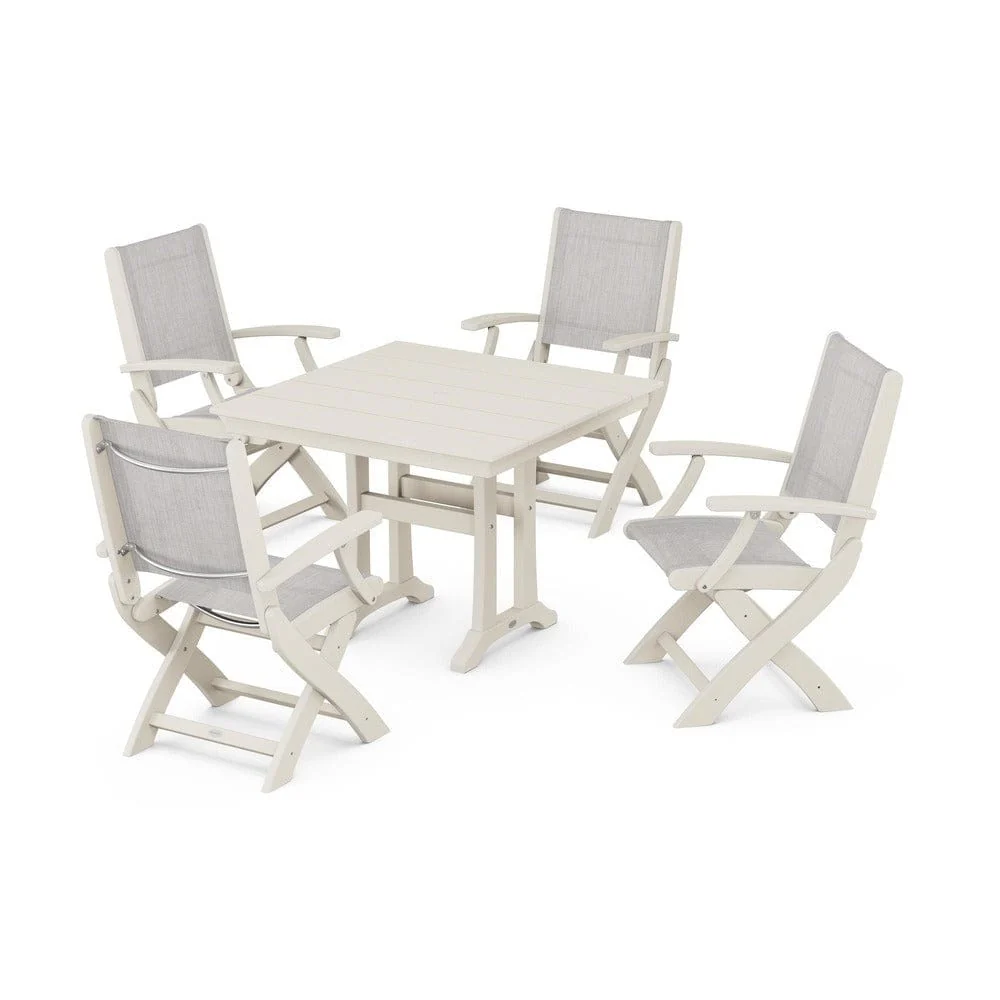 POLYWOOD® - Coastal Folding Chair 5-Piece Farmhouse Dining Set With Trestle Legs - PWS945 - Image 73
