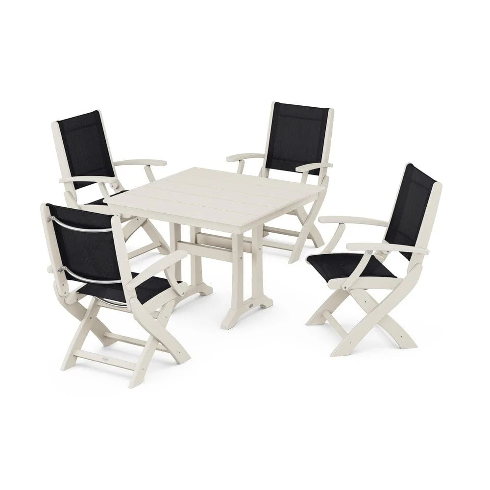 POLYWOOD® - Coastal Folding Chair 5-Piece Farmhouse Dining Set With Trestle Legs - PWS945 - Image 75
