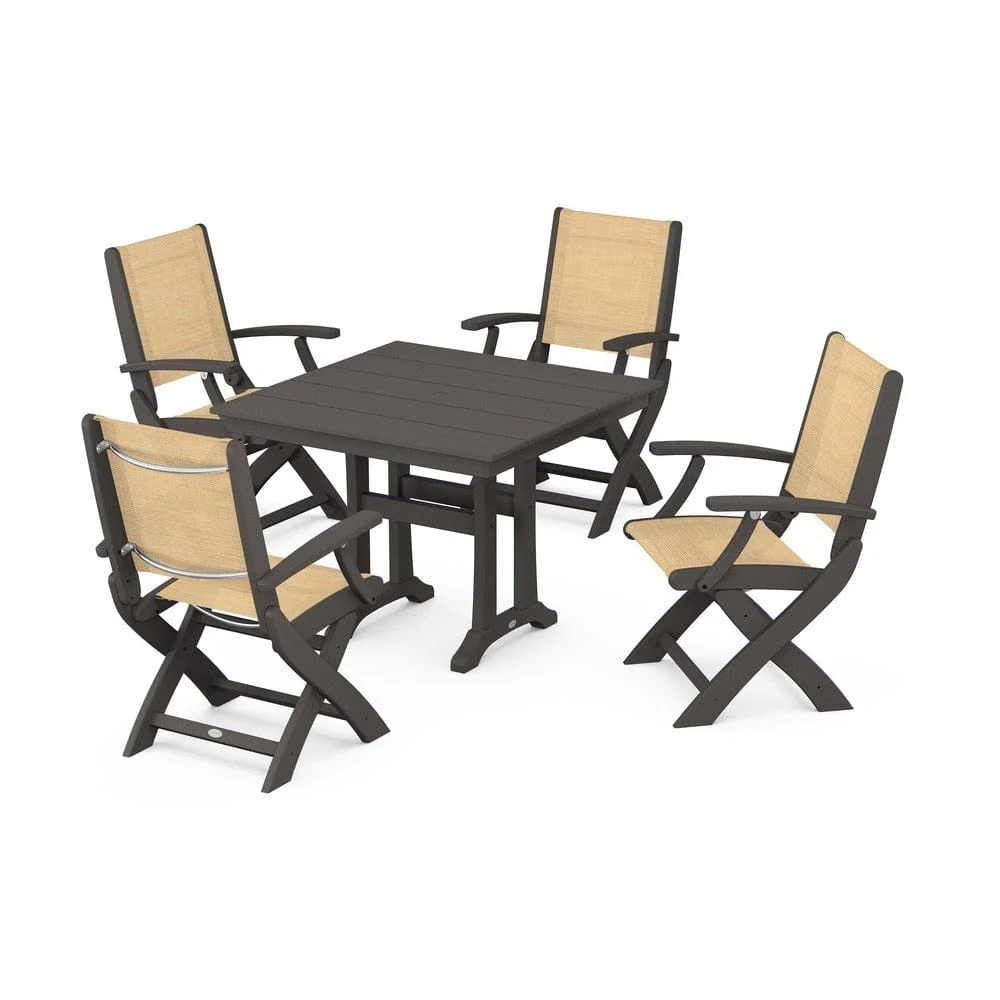 POLYWOOD® - Coastal Folding Chair 5-Piece Farmhouse Dining Set With Trestle Legs - PWS945 - Image 84