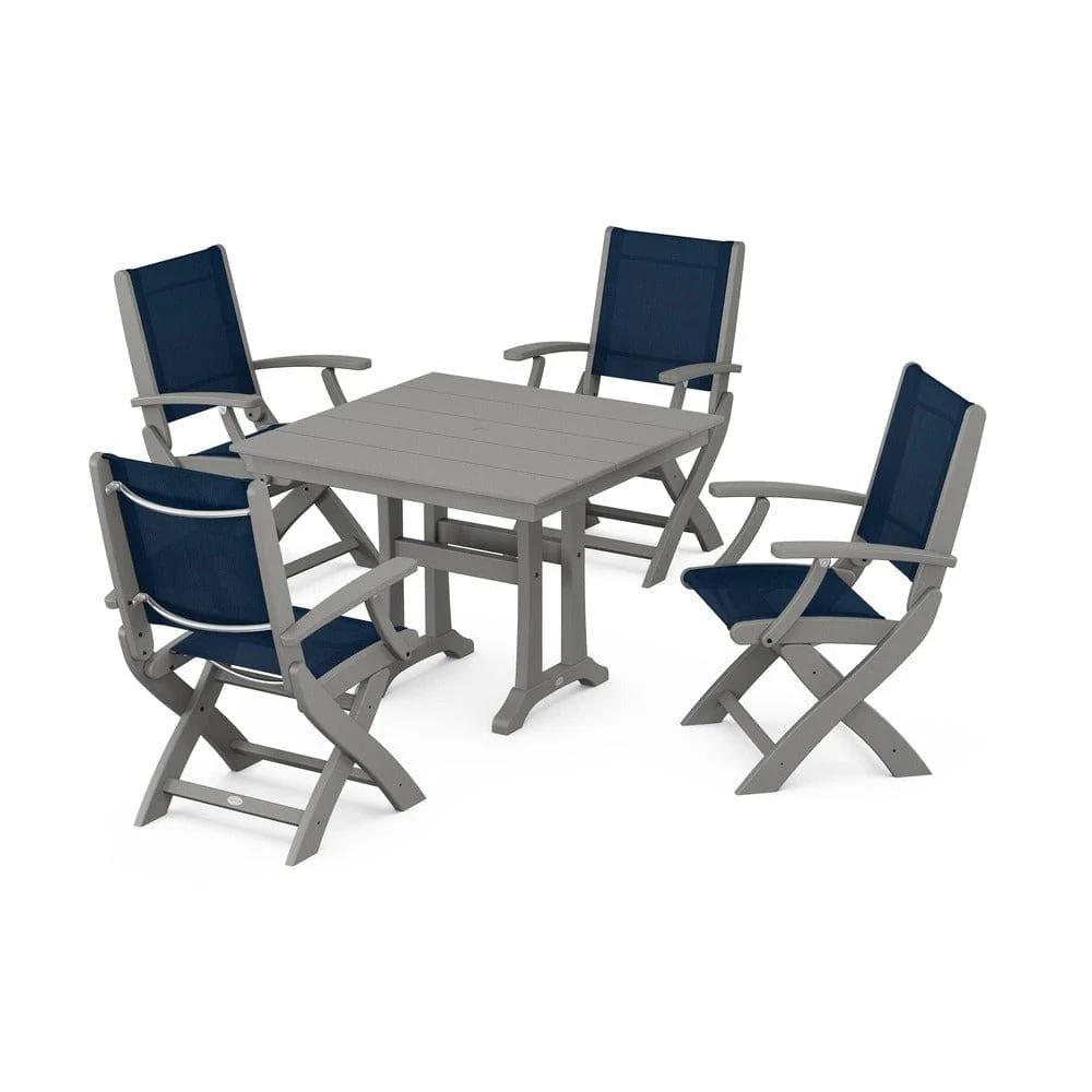 POLYWOOD® - Coastal Folding Chair 5-Piece Farmhouse Dining Set With Trestle Legs - PWS945 - Image 95