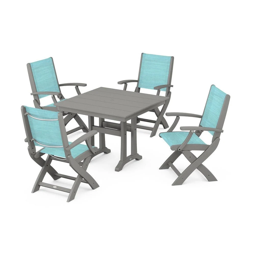 POLYWOOD® - Coastal Folding Chair 5-Piece Farmhouse Dining Set With Trestle Legs - PWS945 - Image 96