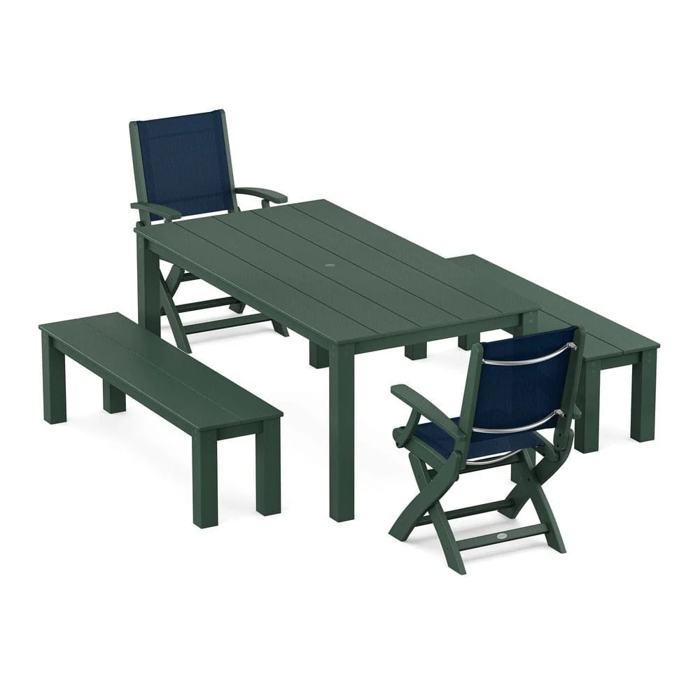 POLYWOOD® - Coastal Folding Chair 5-Piece Parsons Dining Set with Benches - PWS2273 - Image 16