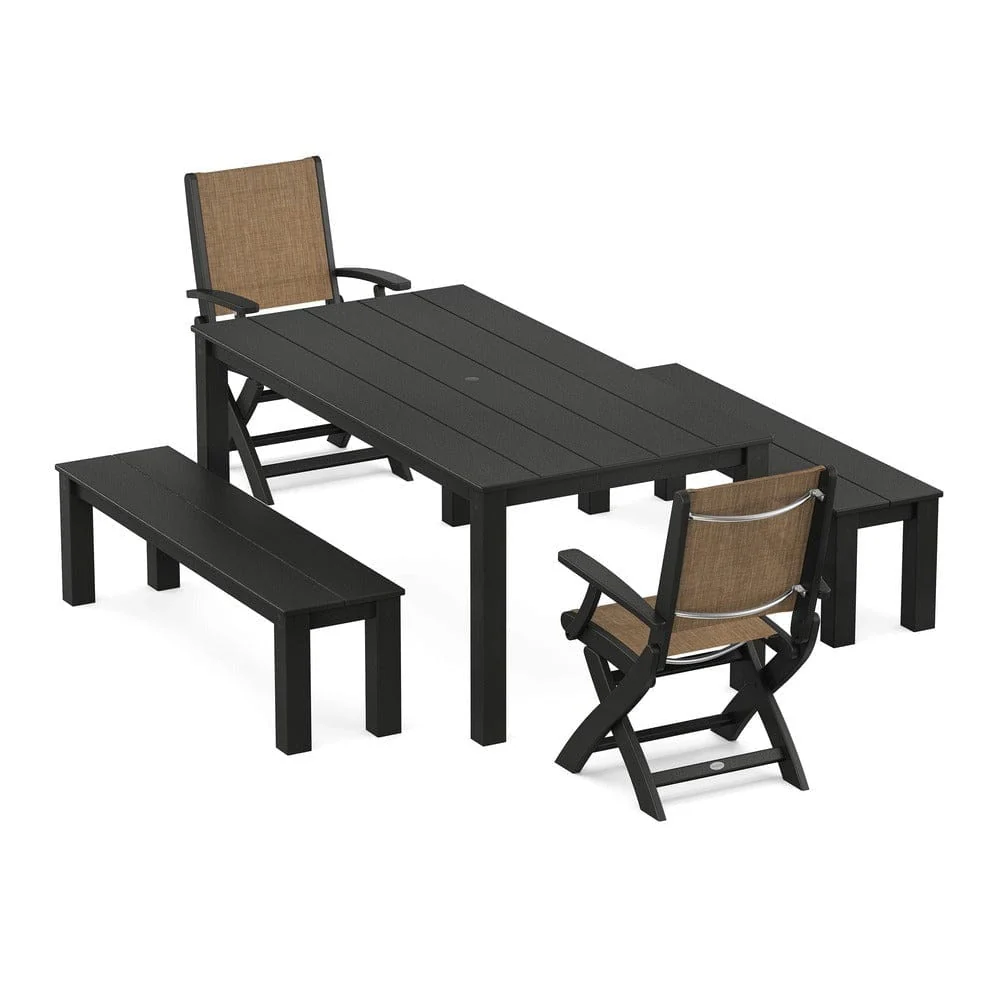 POLYWOOD® - Coastal Folding Chair 5-Piece Parsons Dining Set with Benches - PWS2273 - Image 50