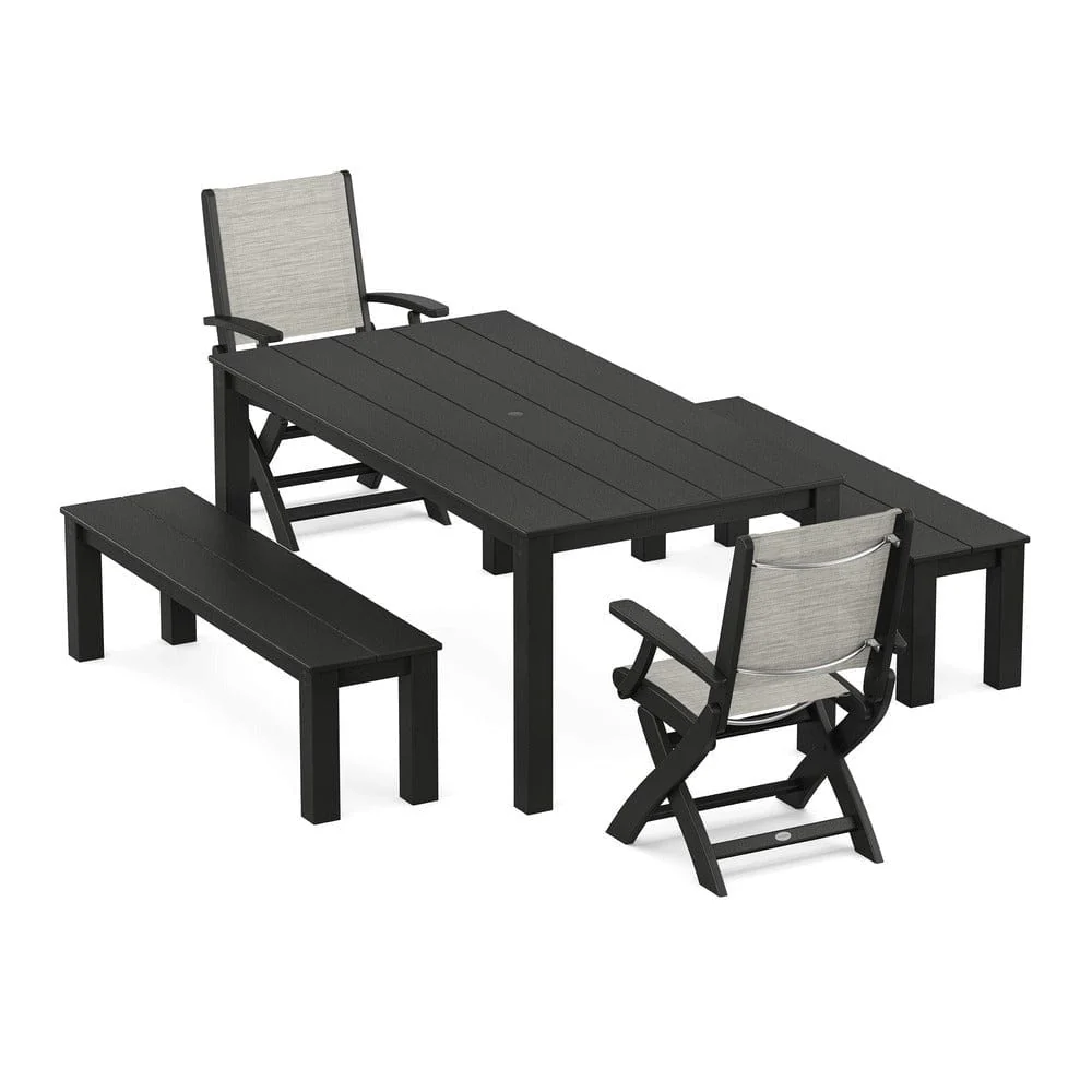 POLYWOOD® - Coastal Folding Chair 5-Piece Parsons Dining Set with Benches - PWS2273 - Image 51