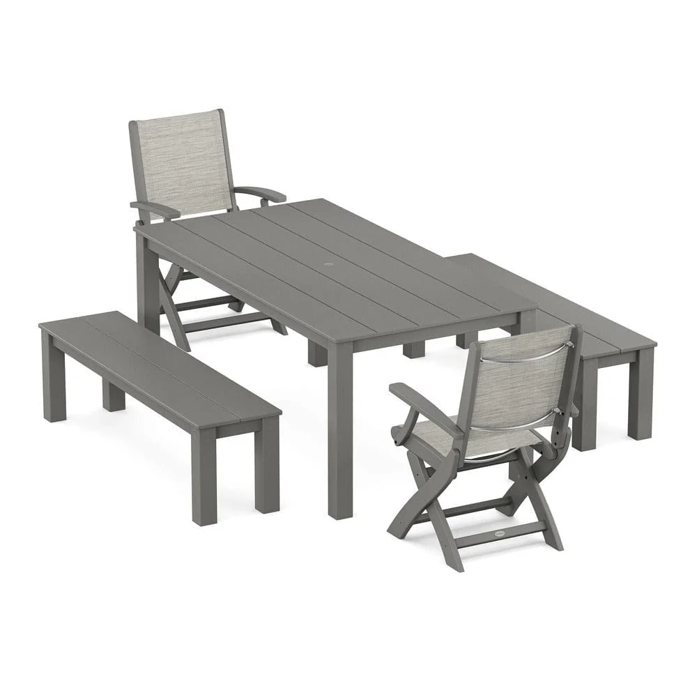 POLYWOOD® - Coastal Folding Chair 5-Piece Parsons Dining Set with Benches - PWS2273 - Image 56