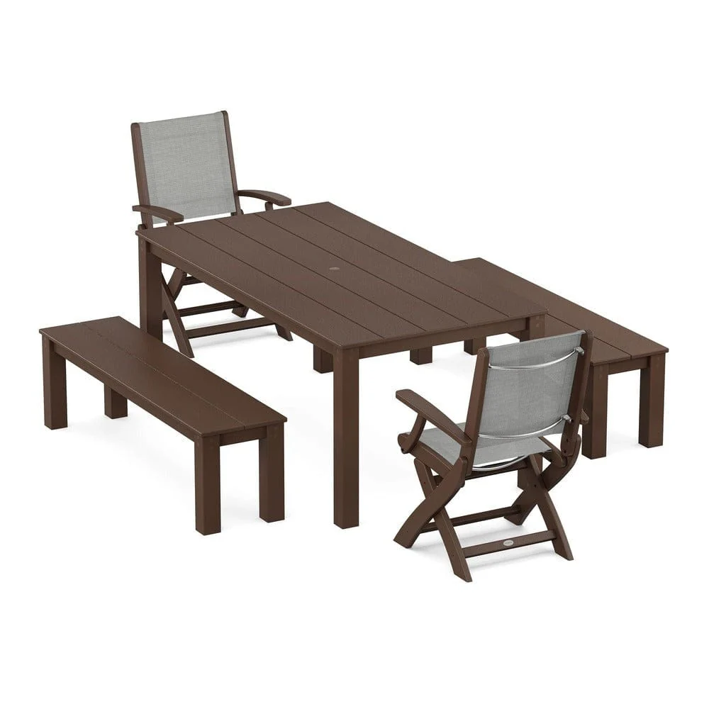 POLYWOOD® - Coastal Folding Chair 5-Piece Parsons Dining Set with Benches - PWS2273 - Image 6