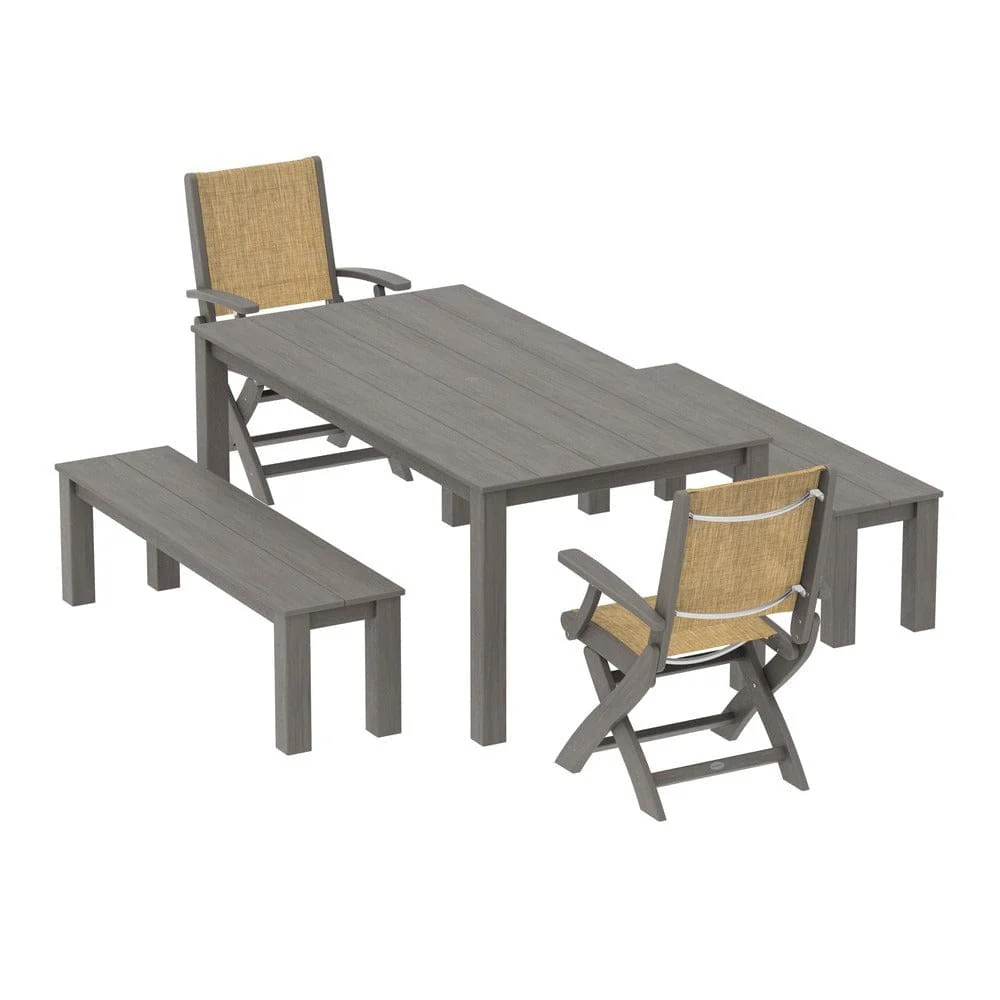 POLYWOOD® - Coastal Folding Chair 5-Piece Parsons Dining Set with Benches - PWS2273 - Image 68