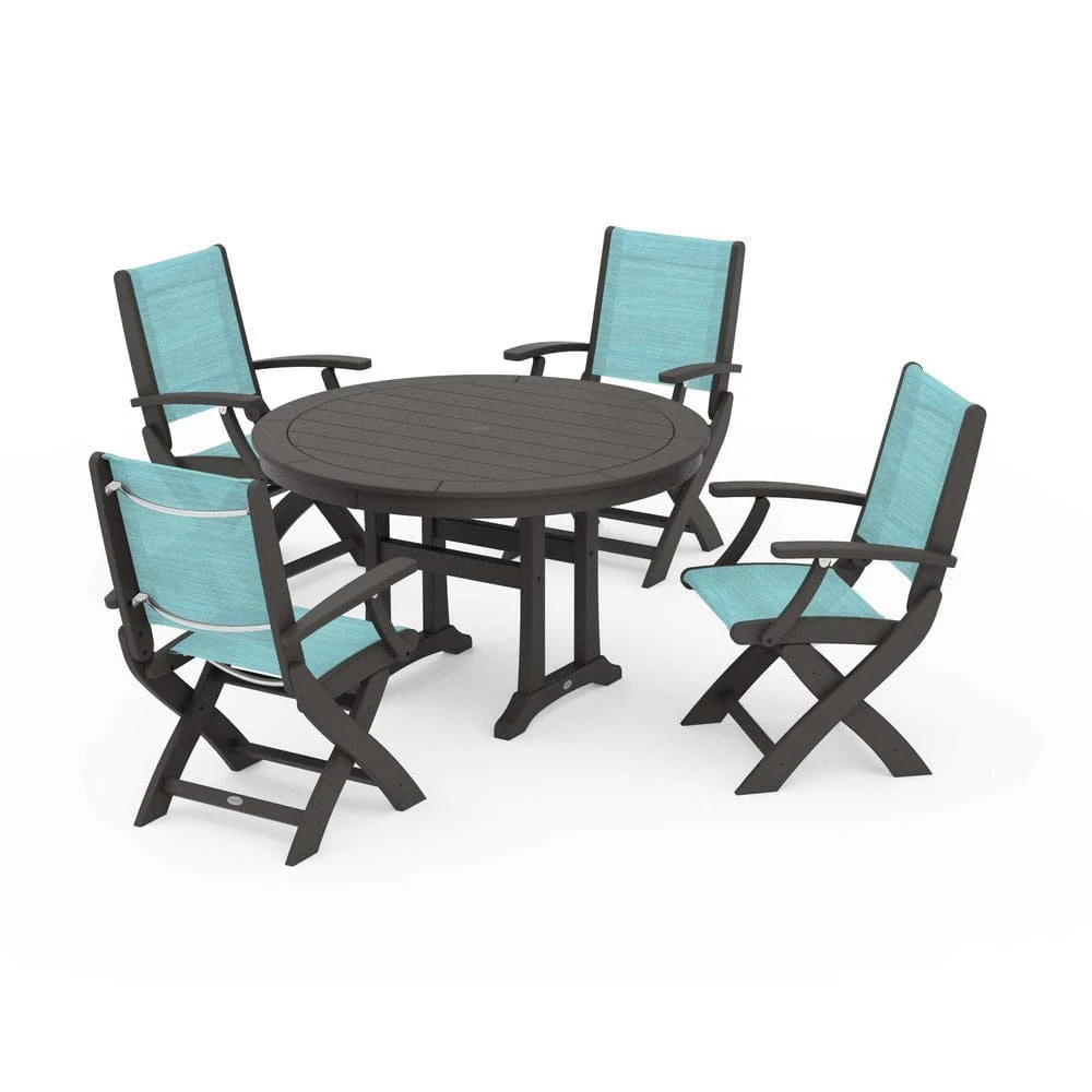 POLYWOOD® - Coastal Folding Chair 5-Piece Round Dining Set with Trestle Legs - PWS1120 - Image 42