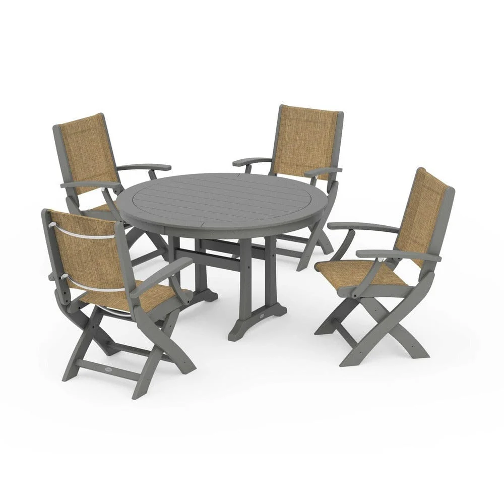 POLYWOOD® - Coastal Folding Chair 5-Piece Round Dining Set with Trestle Legs - PWS1120 - Image 66