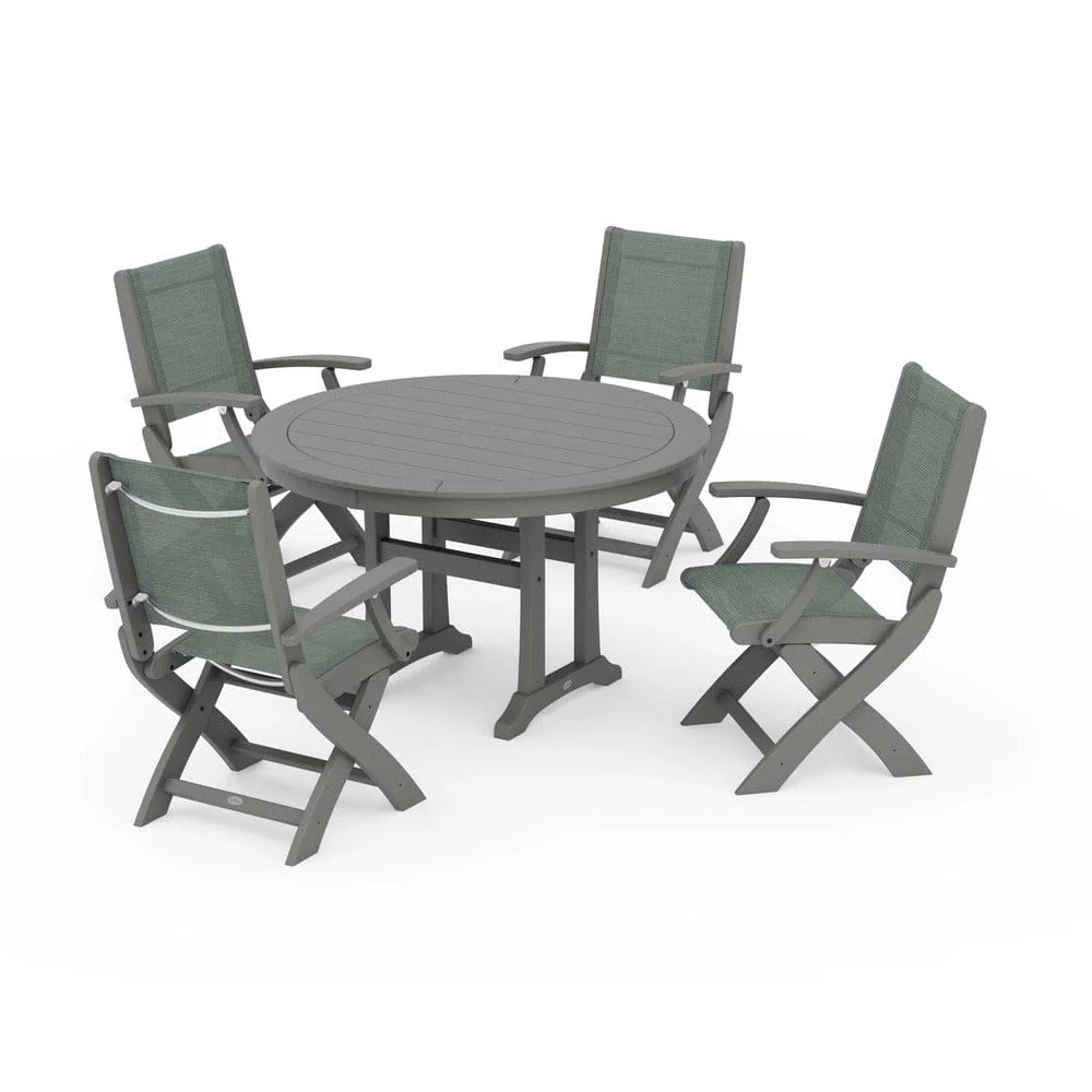 POLYWOOD® - Coastal Folding Chair 5-Piece Round Dining Set with Trestle Legs - PWS1120 - Image 76