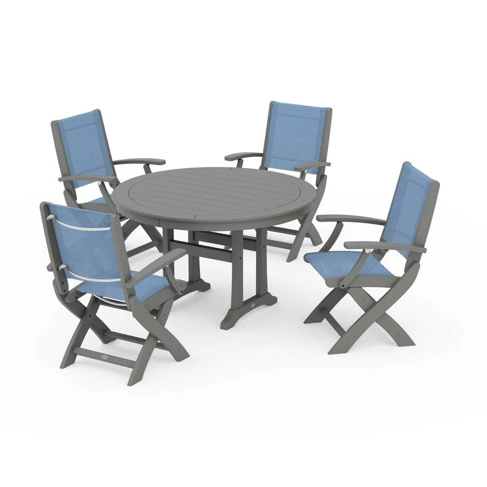 POLYWOOD® - Coastal Folding Chair 5-Piece Round Dining Set with Trestle Legs - PWS1120 - Image 8