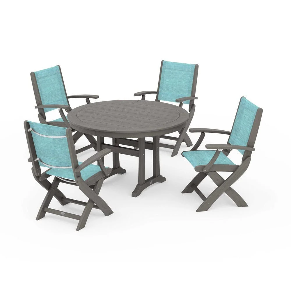 POLYWOOD® - Coastal Folding Chair 5-Piece Round Dining Set with Trestle Legs - PWS1120 - Image 90
