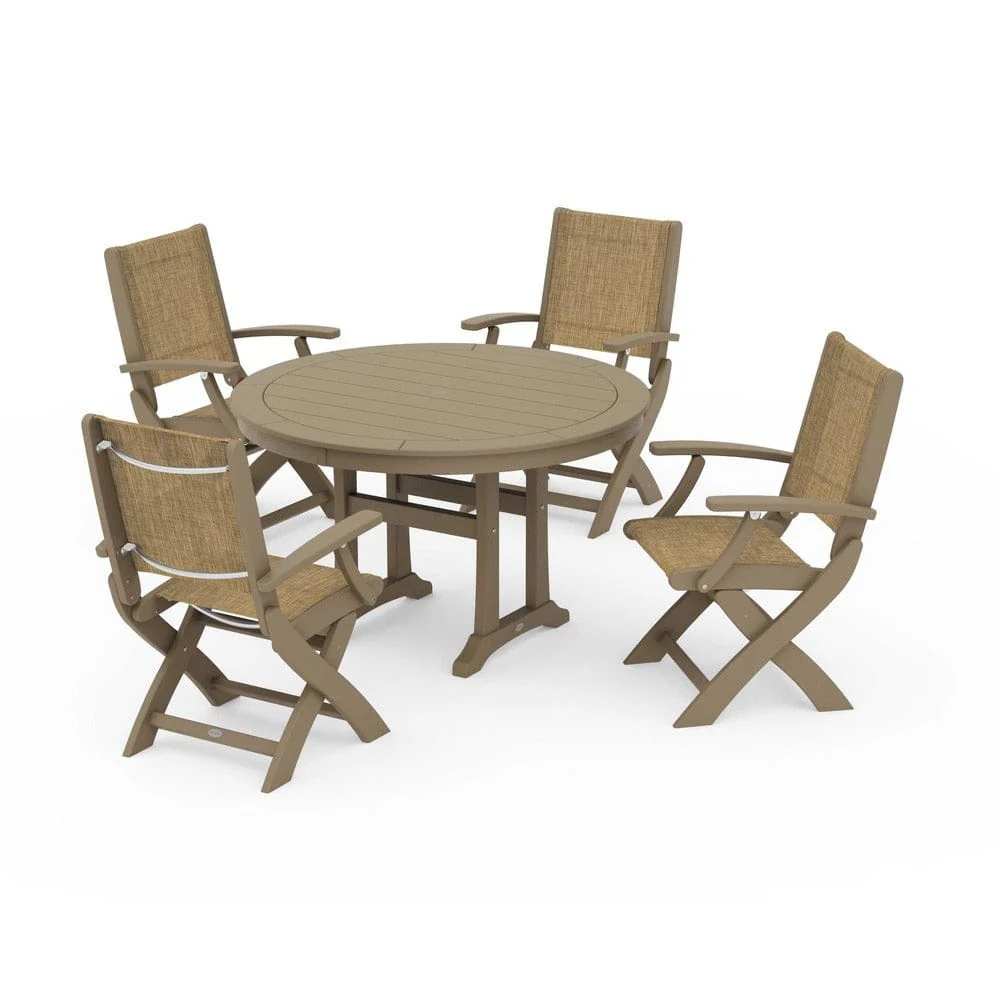 POLYWOOD® - Coastal Folding Chair 5-Piece Round Dining Set with Trestle Legs - PWS1120 - Image 96