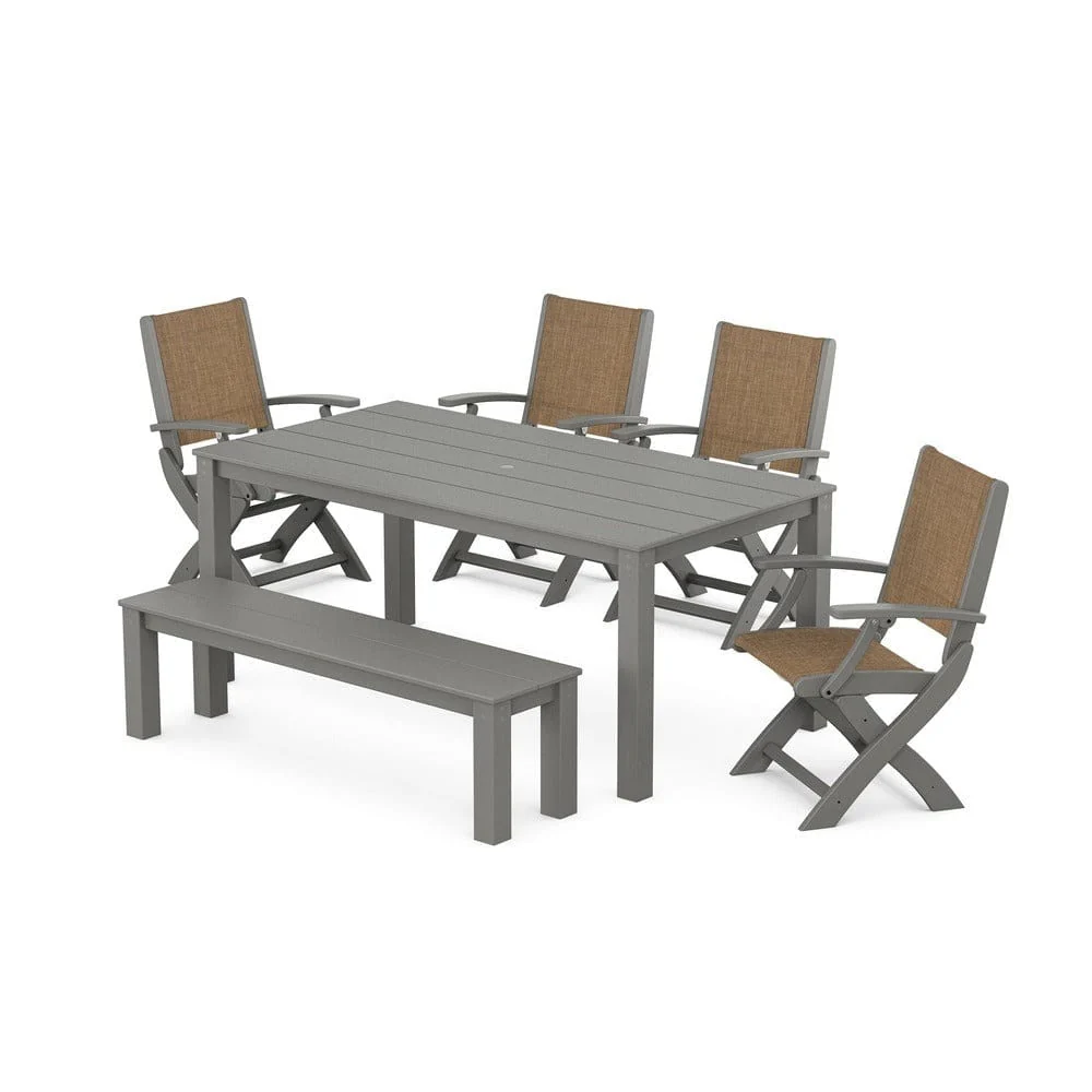 POLYWOOD® - Coastal Folding Chair 6-Piece Parsons Dining Set with Bench - PWS2272 - Image 19