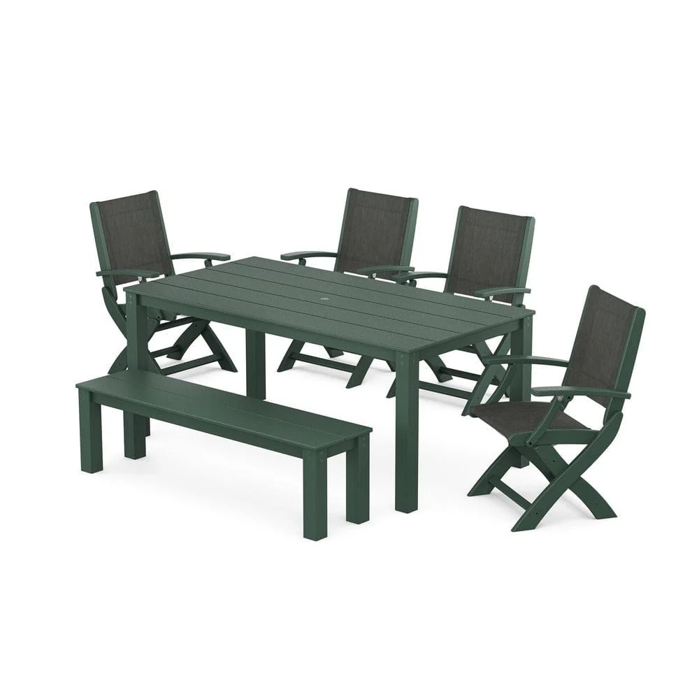 POLYWOOD® - Coastal Folding Chair 6-Piece Parsons Dining Set with Bench - PWS2272 - Image 36